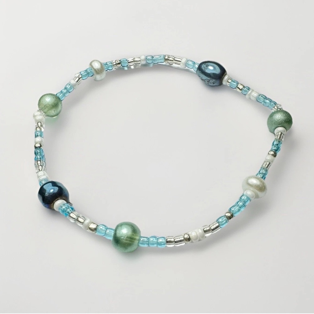 Handmade Stretch Bracelet Dainty Seed Bead Mermaid Ocean Beach Eclectic Pearl